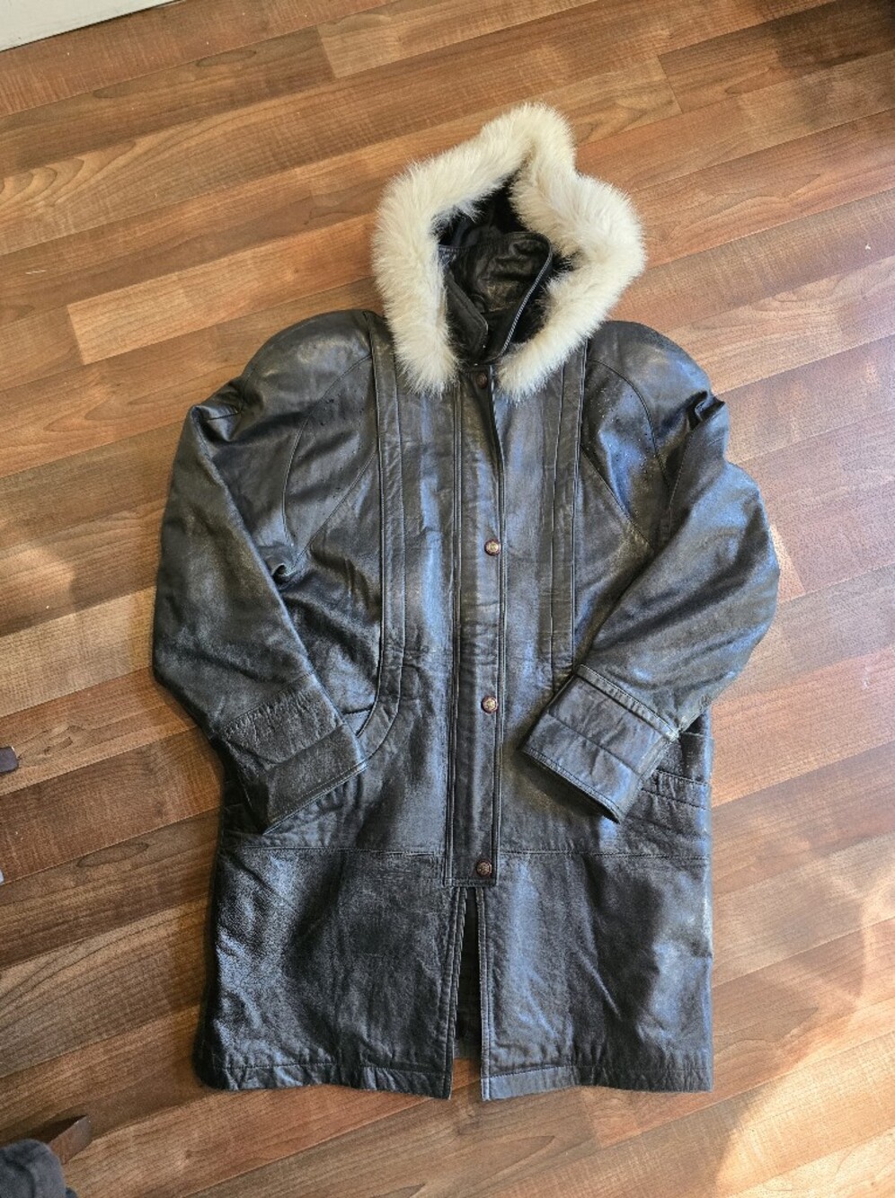 Vintage 80s Antonini Italy Black Leather Trench Coat Fox Fur Hood